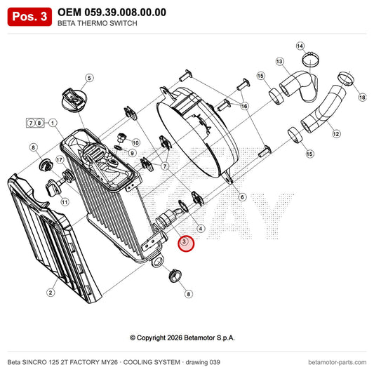 BETA THERMO SWITCH – OEM 059.39.008.00.00, position 3 on the Beta SINCRO 125 2T FACTORY MY26 cooling system drawing
