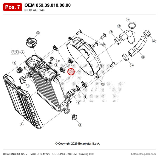 BETA CLIP M6 – OEM 059.39.010.00.00, position 7 on the Beta SINCRO 125 2T FACTORY MY26 cooling system drawing