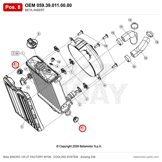 BETA INSERT – OEM 059.39.011.00.00, position 8 on the Beta SINCRO 125 2T FACTORY MY26 cooling system drawing