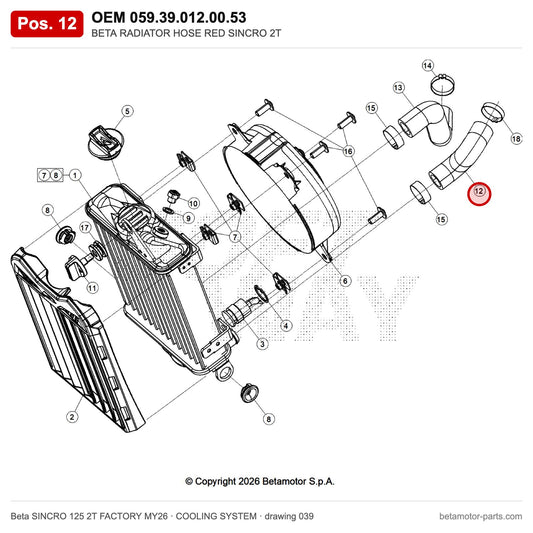 BETA RADIATOR HOSE RED SINCRO 2T – OEM 059.39.012.00.53, position 12 on the Beta SINCRO 125 2T FACTORY MY26 cooling system drawing