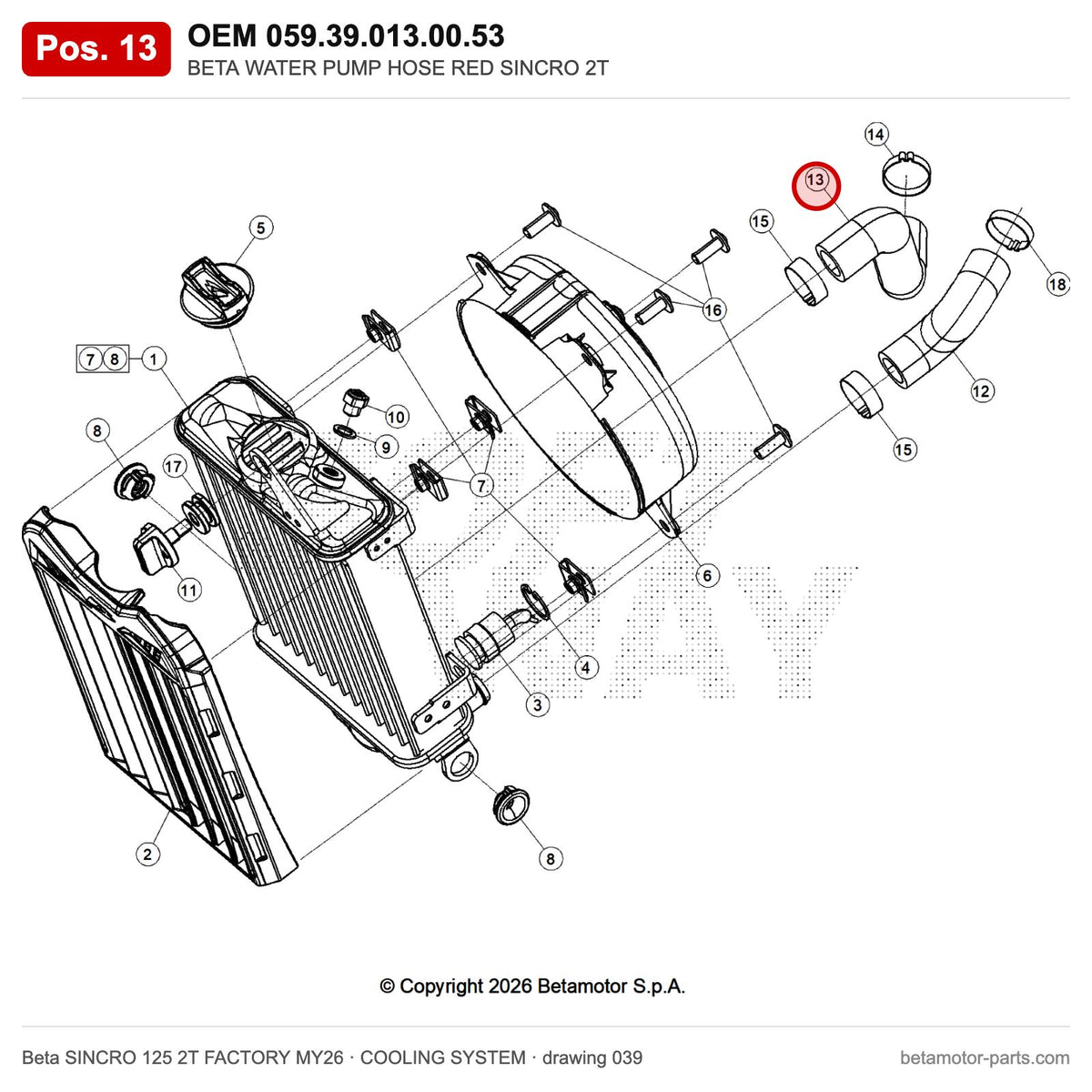 BETA WATER PUMP HOSE RED SINCRO 2T – OEM 059.39.013.00.53, position 13 on the Beta SINCRO 125 2T FACTORY MY26 cooling system drawing