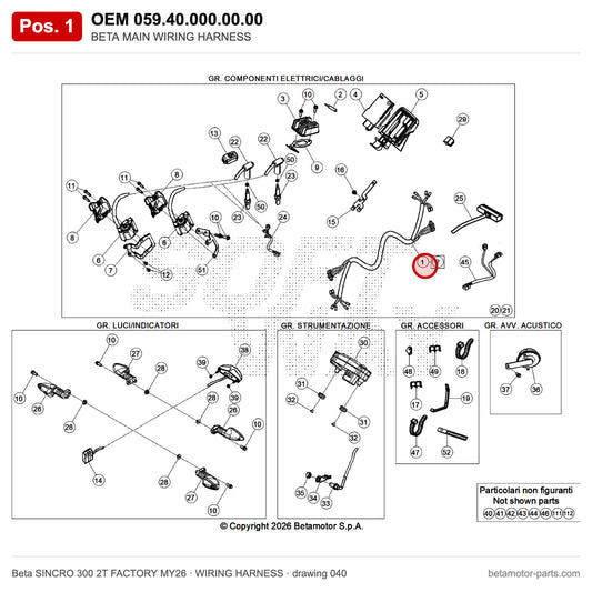 BETA MAIN WIRING HARNESS – OEM 059.40.000.00.00, position 1 on the Beta SINCRO 300 2T FACTORY MY26 wiring harness drawing