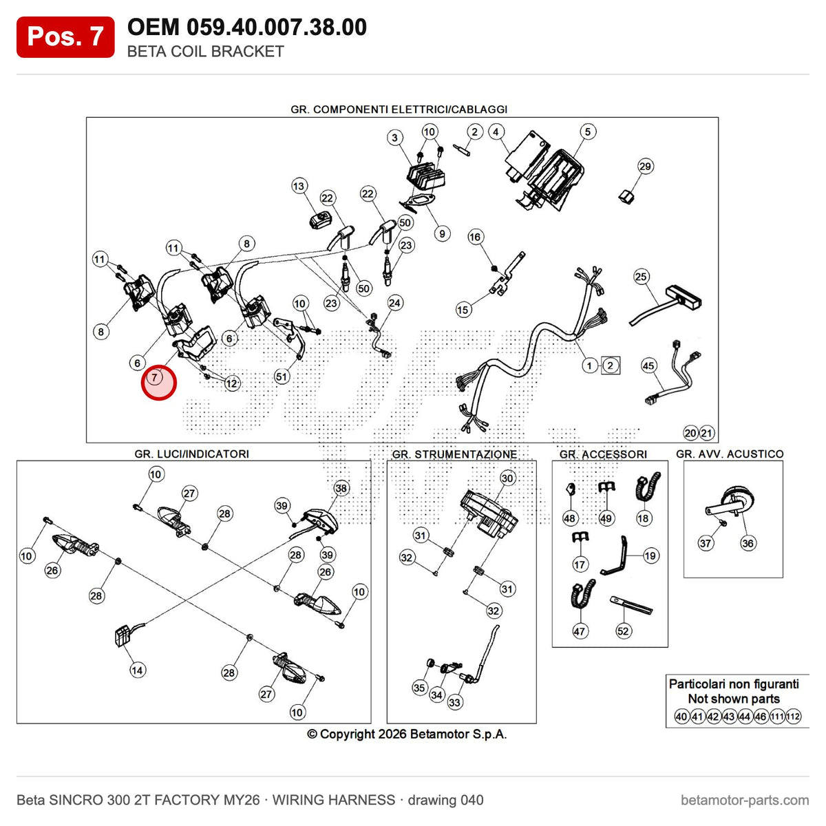 BETA COIL BRACKET – OEM 059.40.007.38.00, position 7 on the Beta SINCRO 300 2T FACTORY MY26 wiring harness drawing
