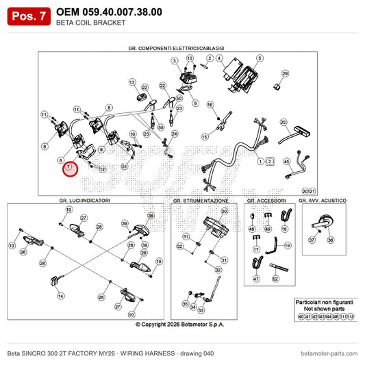 BETA COIL BRACKET – OEM 059.40.007.38.00, position 7 on the Beta SINCRO 300 2T FACTORY MY26 wiring harness drawing