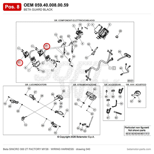 BETA GUARD BLACK – OEM 059.40.008.00.59, position 8 on the Beta SINCRO 300 2T FACTORY MY26 wiring harness drawing