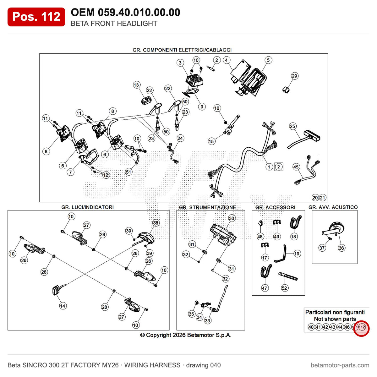 BETA FRONT HEADLIGHT – OEM 059.40.010.00.00, position 112 on the Beta SINCRO 300 2T FACTORY MY26 wiring harness drawing