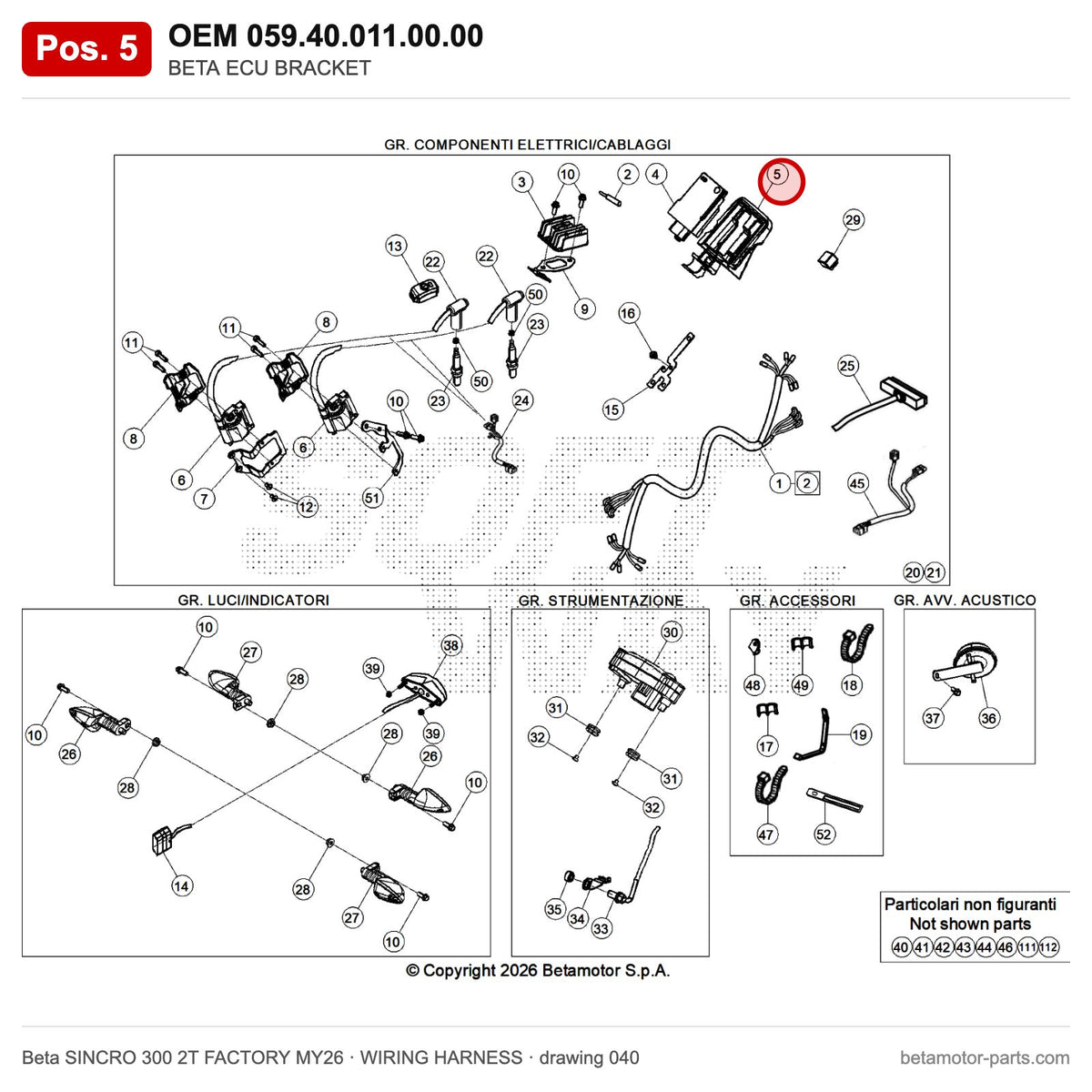 BETA ECU BRACKET – OEM 059.40.011.00.00, position 5 on the Beta SINCRO 300 2T FACTORY MY26 wiring harness drawing