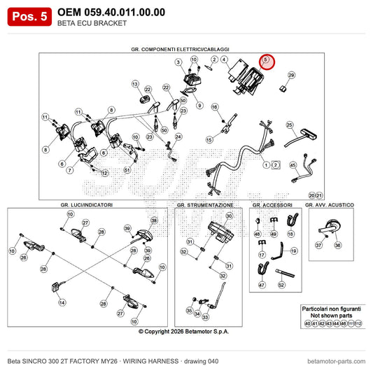 BETA ECU BRACKET – OEM 059.40.011.00.00, position 5 on the Beta SINCRO 300 2T FACTORY MY26 wiring harness drawing