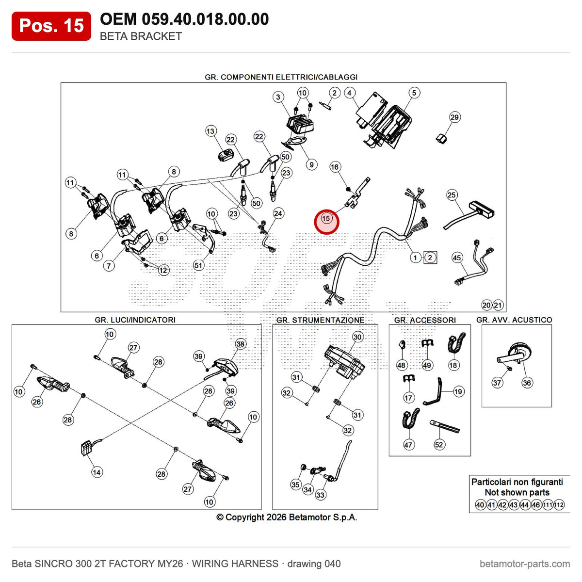 BETA BRACKET – OEM 059.40.018.00.00, position 15 on the Beta SINCRO 300 2T FACTORY MY26 wiring harness drawing