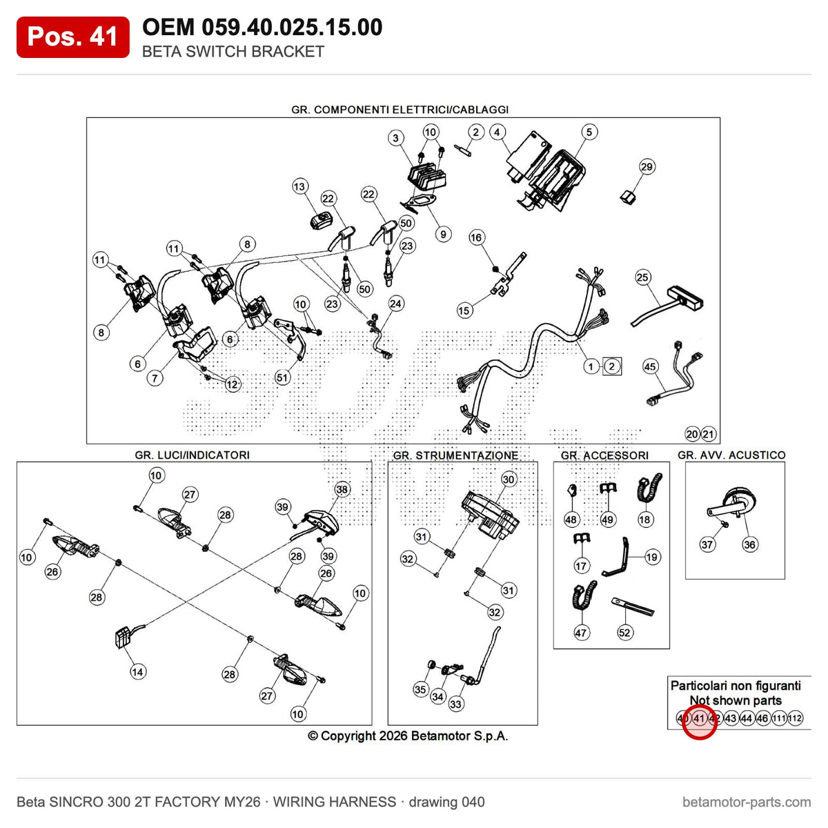 BETA SWITCH BRACKET – OEM 059.40.025.15.00, position 41 on the Beta SINCRO 300 2T FACTORY MY26 wiring harness drawing