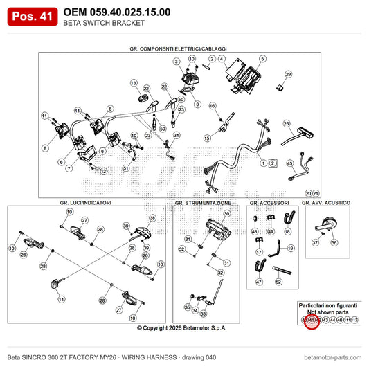 BETA SWITCH BRACKET – OEM 059.40.025.15.00, position 41 on the Beta SINCRO 300 2T FACTORY MY26 wiring harness drawing