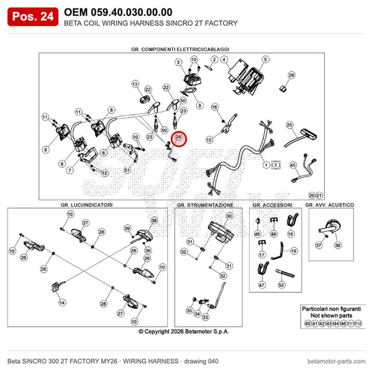 BETA COIL WIRING HARNESS SINCRO 2T FACTORY – OEM 059.40.030.00.00, position 24 on the Beta SINCRO 300 2T FACTORY MY26 wiring harness drawing