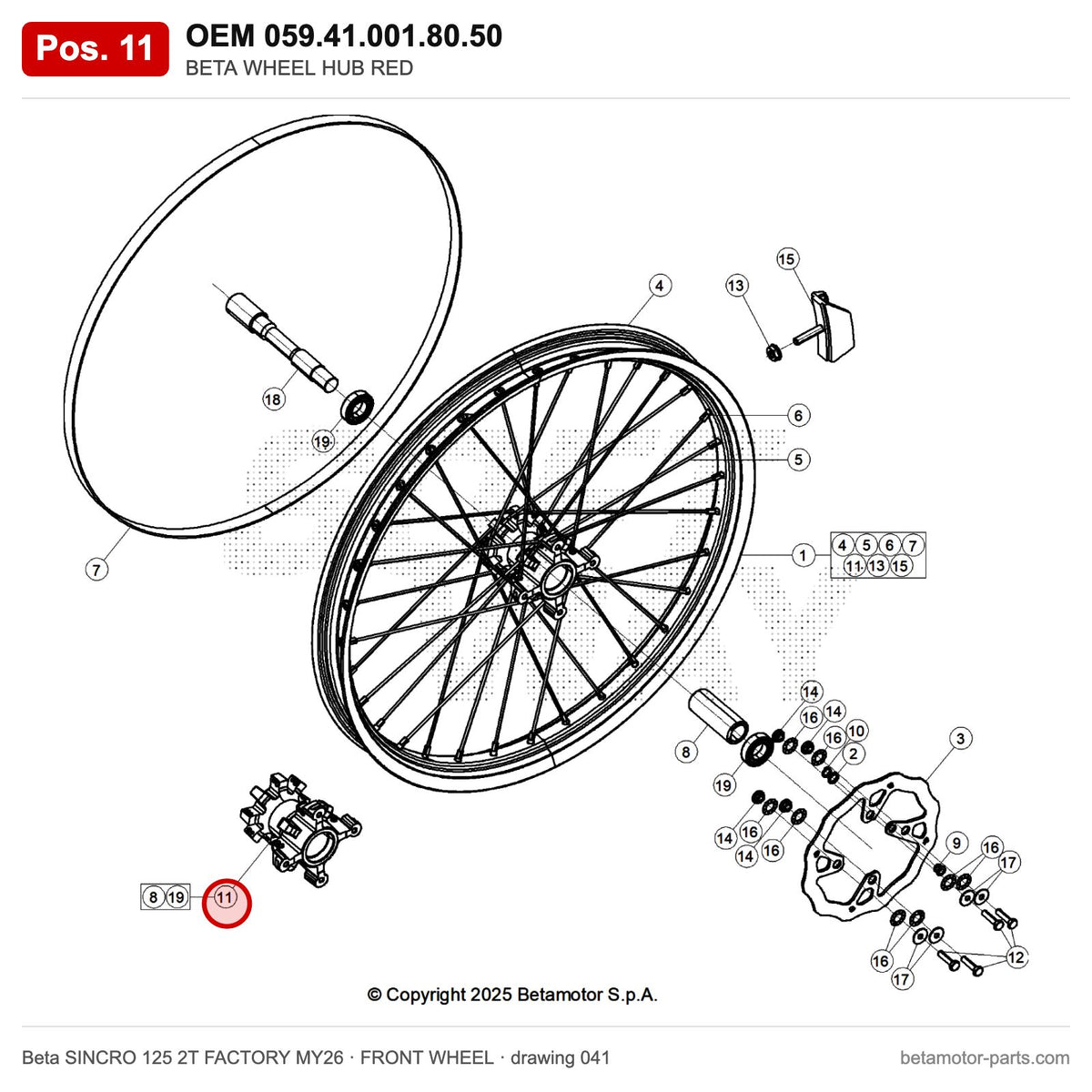 BETA WHEEL HUB RED – OEM 059.41.001.80.50, position 11 on the Beta SINCRO 125 2T FACTORY MY26 front wheel drawing