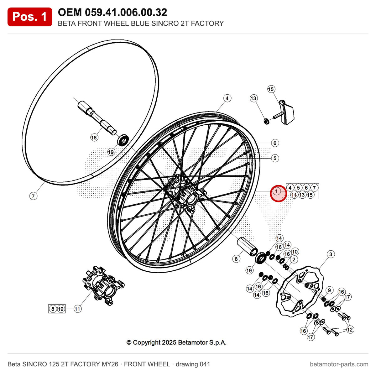 BETA FRONT WHEEL BLUE SINCRO 2T FACTORY – OEM 059.41.006.00.32, position 1 on the Beta SINCRO 125 2T FACTORY MY26 front wheel drawing
