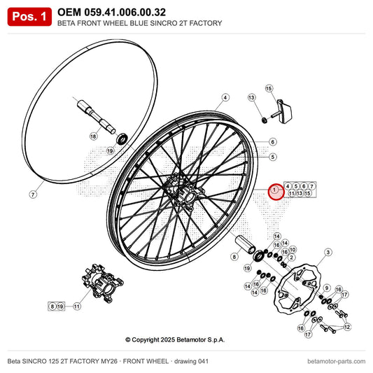 BETA FRONT WHEEL BLUE SINCRO 2T FACTORY – OEM 059.41.006.00.32, position 1 on the Beta SINCRO 125 2T FACTORY MY26 front wheel drawing