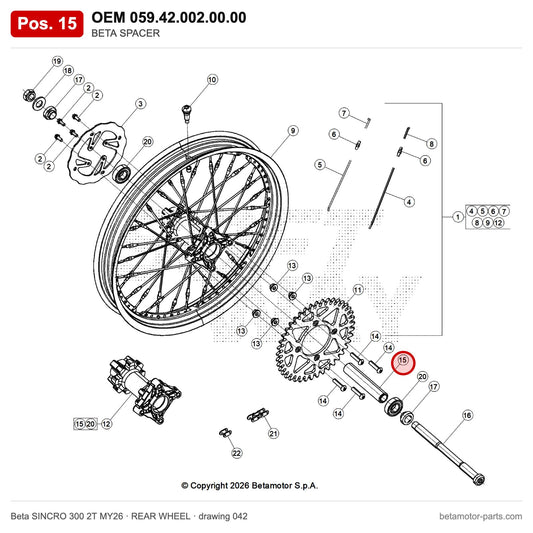 BETA SPACER – OEM 059.42.002.00.00, position 15 on the Beta SINCRO 300 2T MY26 rear wheel drawing