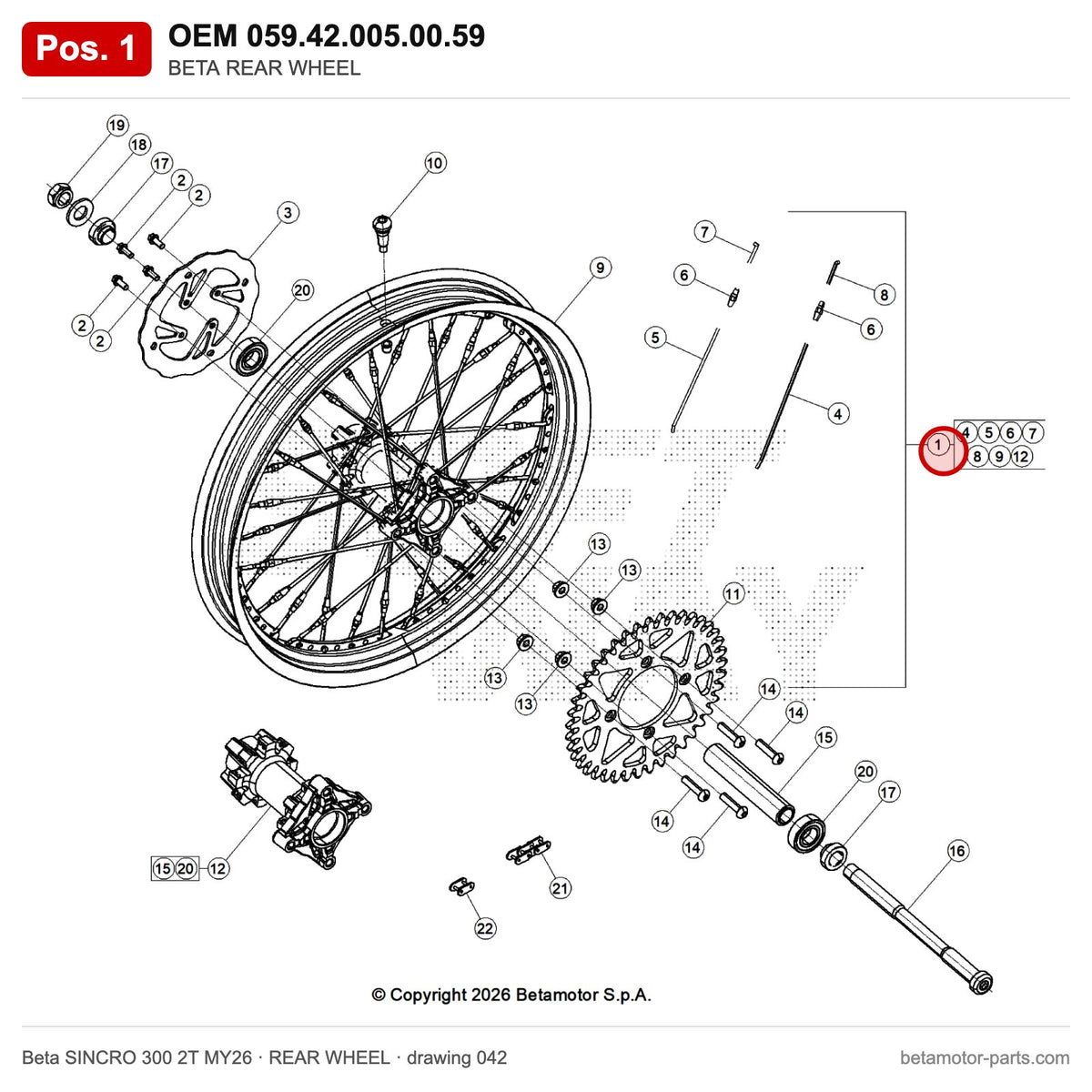 BETA REAR WHEEL BLACK SINCRO 2T – OEM 059.42.005.00.59, position 1 on the Beta SINCRO 300 2T MY26 rear wheel drawing