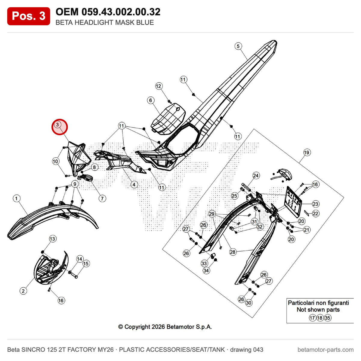 BETA HEADLIGHT MASK BLUE – OEM 059.43.002.00.32, position 3 on the Beta SINCRO 125 2T FACTORY MY26 plastic accessories/seat/tank drawing