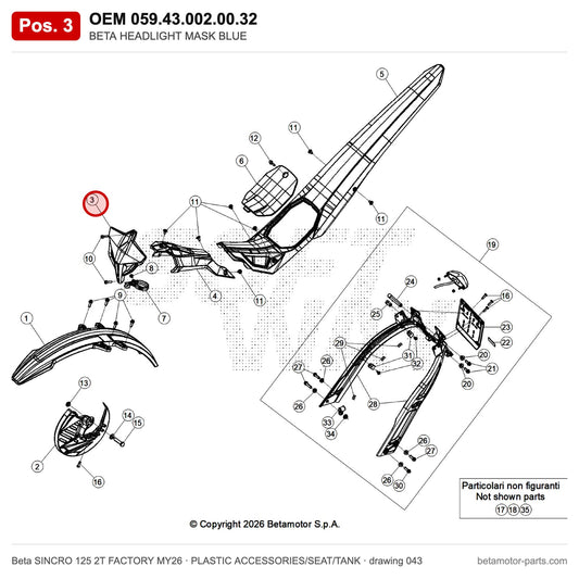 BETA HEADLIGHT MASK BLUE – OEM 059.43.002.00.32, position 3 on the Beta SINCRO 125 2T FACTORY MY26 plastic accessories/seat/tank drawing
