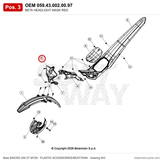 BETA HEADLIGHT MASK RED – OEM 059.43.002.00.97, position 3 on the Beta SINCRO 250 2T MY26 plastic accessories/seat/tank drawing