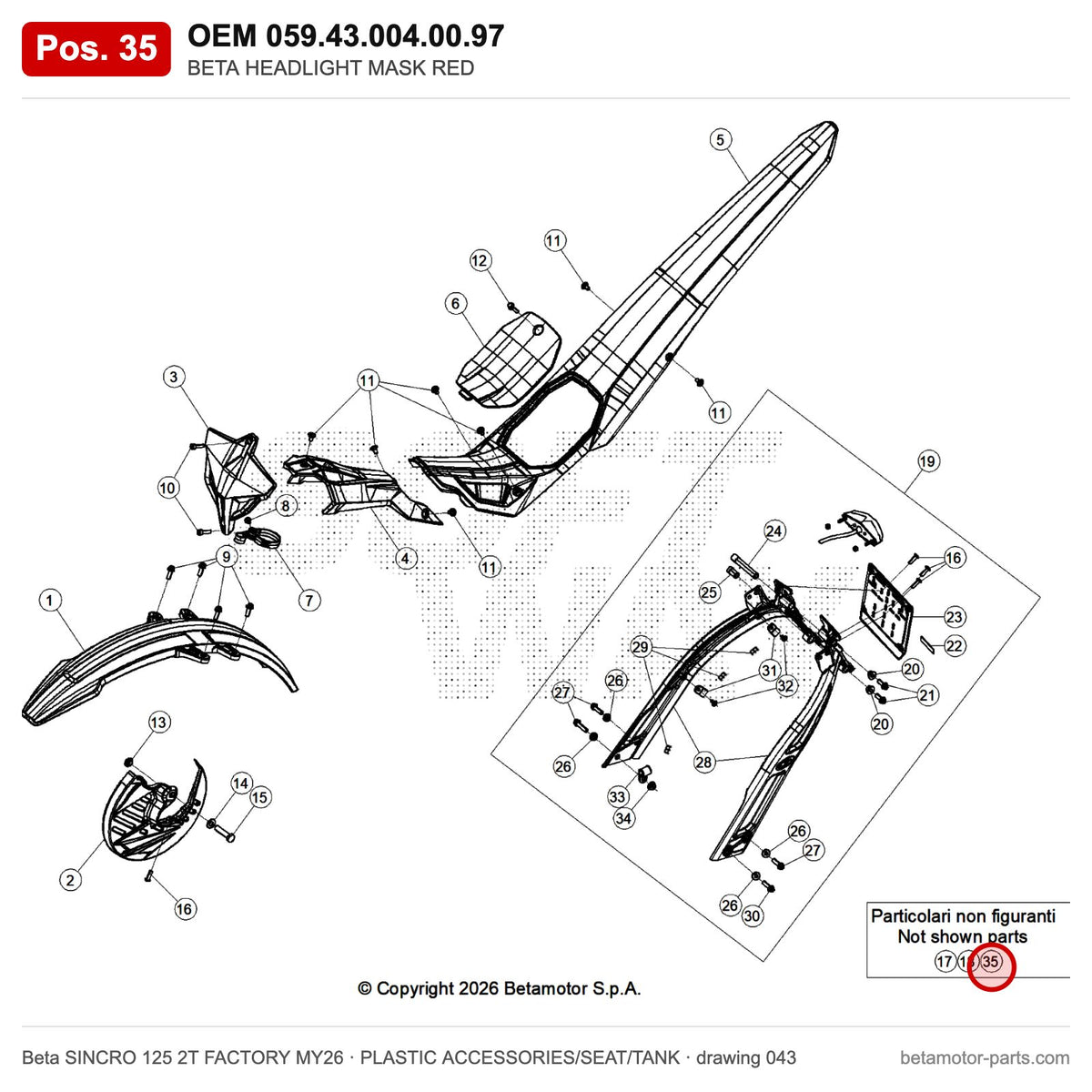 BETA HEADLIGHT MASK RED – OEM 059.43.004.00.97, position 35 on the Beta SINCRO 125 2T FACTORY MY26 plastic accessories/seat/tank drawing