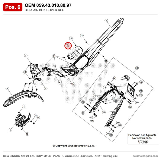 BETA AIR BOX COVER RED – OEM 059.43.010.80.97, position 6 on the Beta SINCRO 125 2T FACTORY MY26 plastic accessories/seat/tank drawing