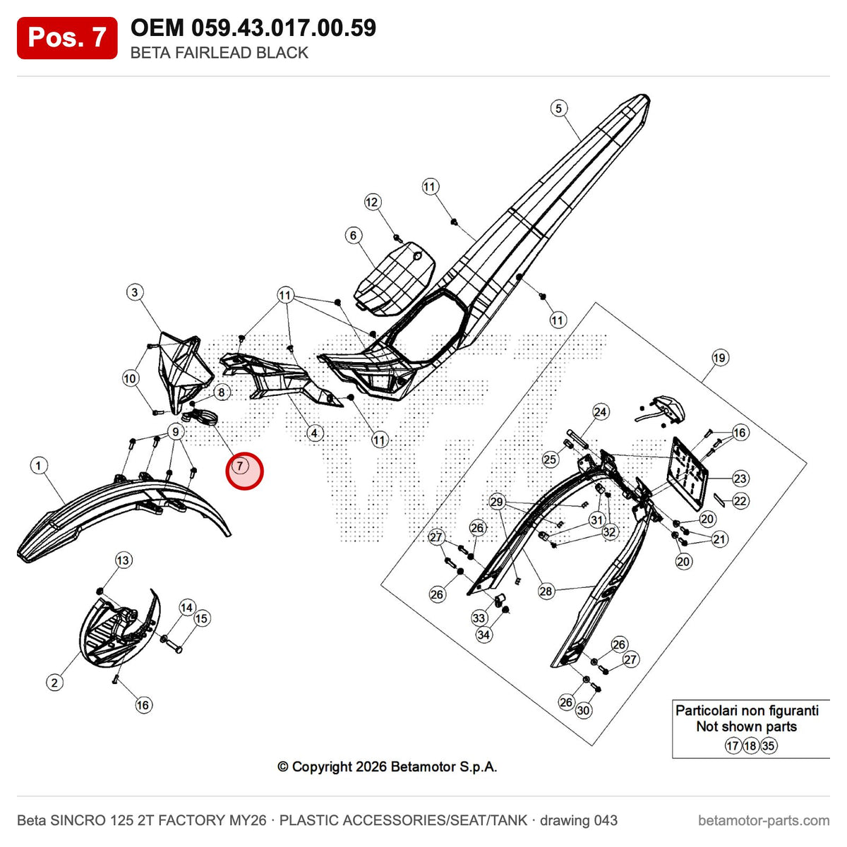 BETA FAIRLEAD BLACK – OEM 059.43.017.00.59, position 7 on the Beta SINCRO 125 2T FACTORY MY26 plastic accessories/seat/tank drawing