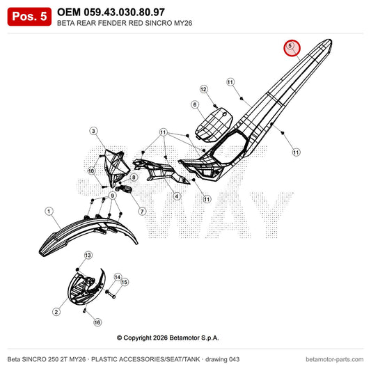 BETA REAR FENDER RED SINCRO MY26 – OEM 059.43.030.80.97, position 5 on the Beta SINCRO 250 2T MY26 plastic accessories/seat/tank drawing