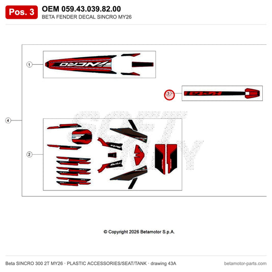 BETA FENDER DECAL SINCRO MY26 – OEM 059.43.039.82.00, position 3 on the Beta SINCRO 300 2T MY26 plastic accessories/seat/tank drawing