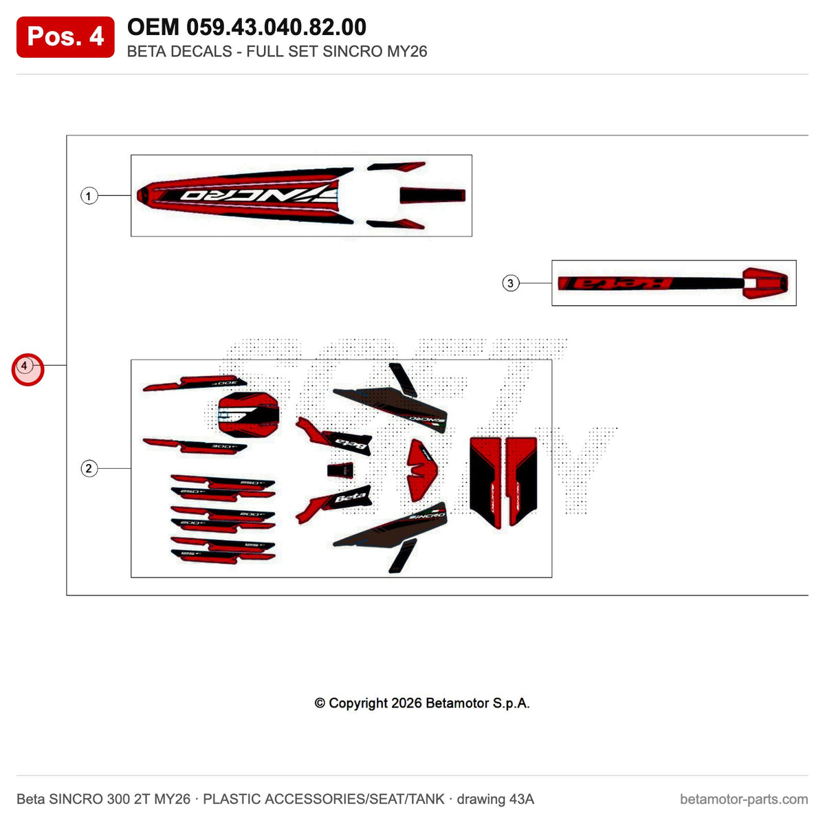 BETA DECALS - FULL SET SINCRO MY26 – OEM 059.43.040.82.00, position 4 on the Beta SINCRO 300 2T MY26 plastic accessories/seat/tank drawing