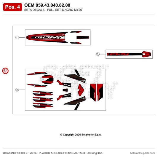 BETA DECALS - FULL SET SINCRO MY26 – OEM 059.43.040.82.00, position 4 on the Beta SINCRO 300 2T MY26 plastic accessories/seat/tank drawing