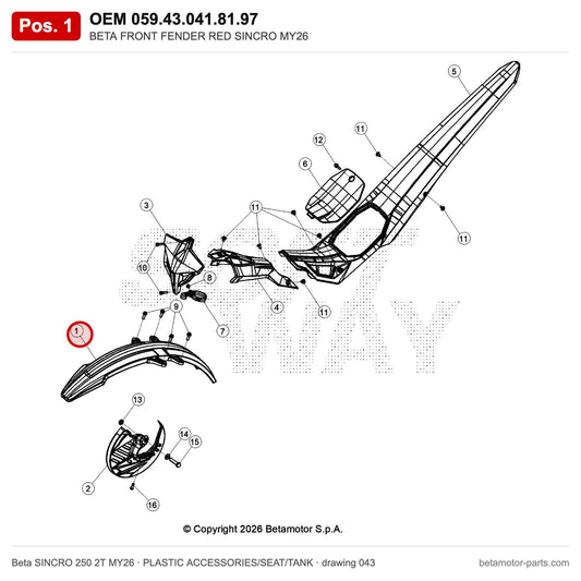 BETA FRONT FENDER RED SINCRO MY26 – OEM 059.43.041.81.97, position 1 on the Beta SINCRO 250 2T MY26 plastic accessories/seat/tank drawing