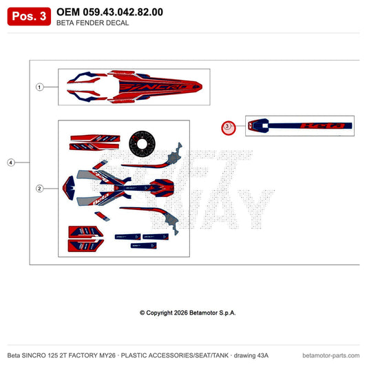 BETA FENDER DECAL – OEM 059.43.042.82.00, position 3 on the Beta SINCRO 125 2T FACTORY MY26 plastic accessories/seat/tank drawing