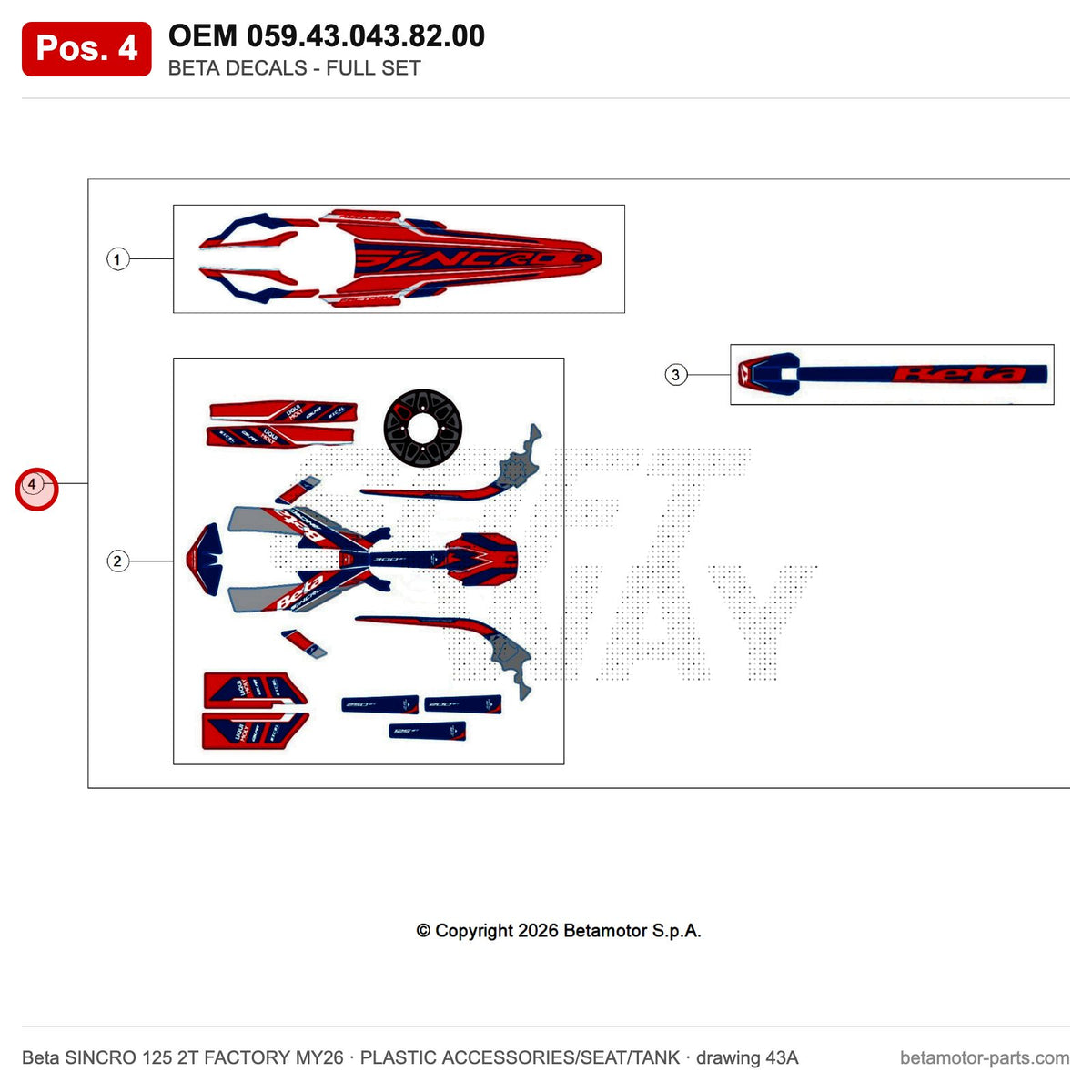 BETA DECALS - FULL SET – OEM 059.43.043.82.00, position 4 on the Beta SINCRO 125 2T FACTORY MY26 plastic accessories/seat/tank drawing