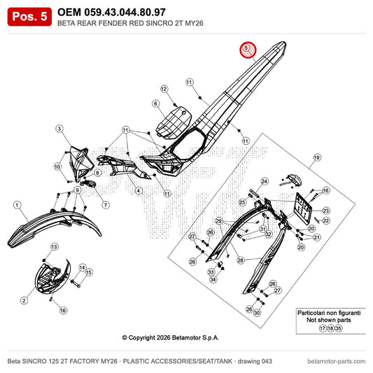 BETA REAR FENDER RED SINCRO 2T MY26 – OEM 059.43.044.80.97, position 5 on the Beta SINCRO 125 2T FACTORY MY26 plastic accessories/seat/tank drawing