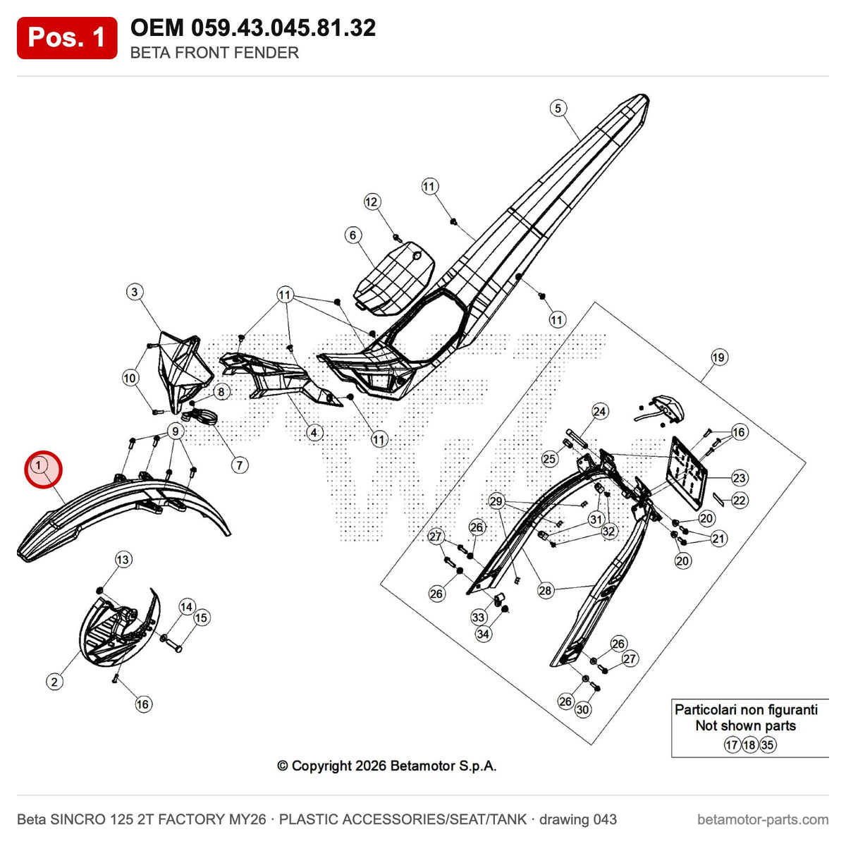 BETA FRONT FENDER – OEM 059.43.045.81.32, position 1 on the Beta SINCRO 125 2T FACTORY MY26 plastic accessories/seat/tank drawing