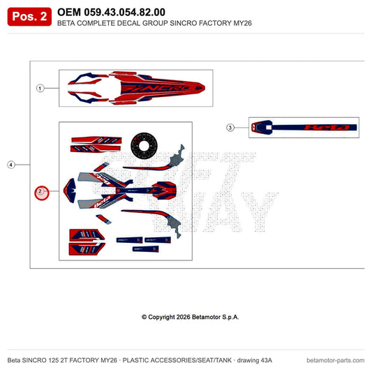 BETA COMPLETE DECAL GROUP SINCRO FACTORY MY26 – OEM 059.43.054.82.00, position 2 on the Beta SINCRO 125 2T FACTORY MY26 plastic accessories/seat/tank drawing