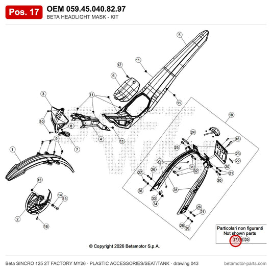 BETA HEADLIGHT MASK - KIT – OEM 059.45.040.82.97, position 17 on the Beta SINCRO 125 2T FACTORY MY26 plastic accessories/seat/tank drawing