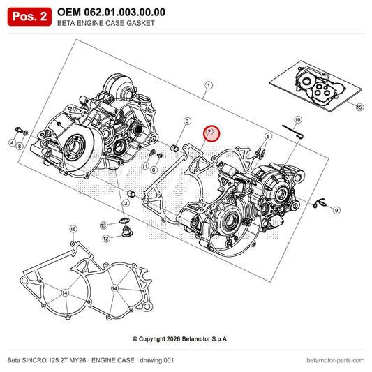 BETA ENGINE CASE GASKET – OEM 062.01.003.00.00, position 2 on the Beta SINCRO 125 2T MY26 engine case drawing