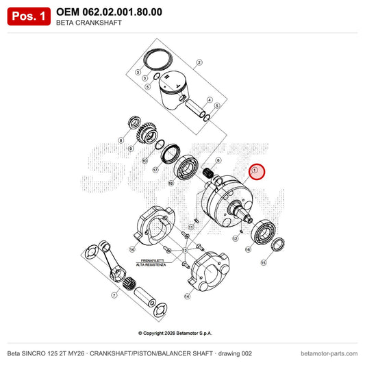 BETA CRANKSHAFT – OEM 062.02.001.80.00, position 1 on the Beta SINCRO 125 2T MY26 crankshaft/piston/balancer shaft drawing