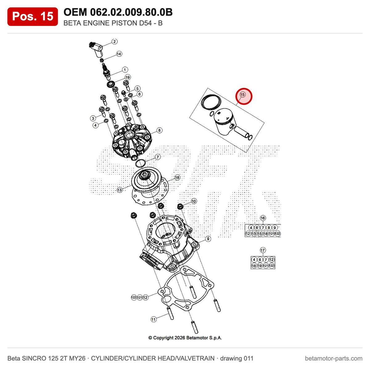 BETA ENGINE PISTON D54 - B – OEM 062.02.009.80.0B, position 15 on the Beta SINCRO 125 2T MY26 cylinder/cylinder head/valvetrain drawing