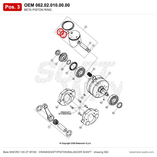 BETA PISTON RING – OEM 062.02.010.00.00, position 3 on the Beta SINCRO 125 2T MY26 crankshaft/piston/balancer shaft drawing