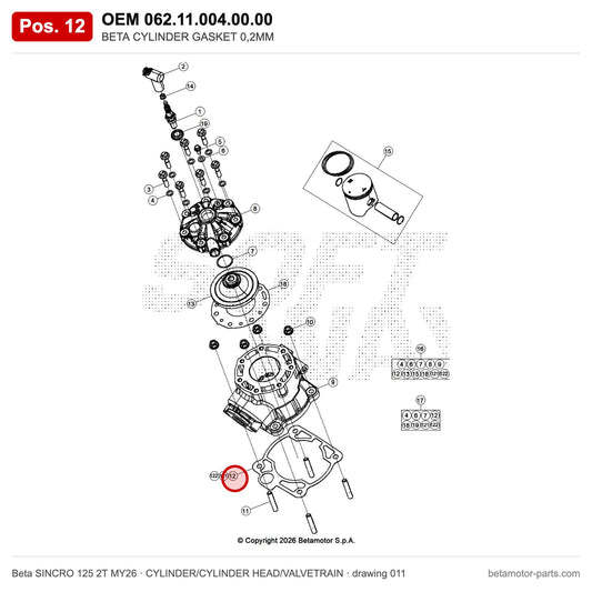 BETA CYLINDER GASKET 0,2MM – OEM 062.11.004.00.00, position 12 on the Beta SINCRO 125 2T MY26 cylinder/cylinder head/valvetrain drawing