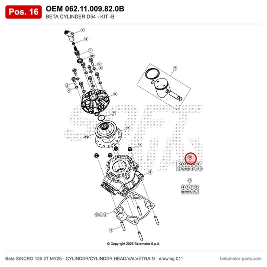 BETA CYLINDER D54 - KIT -B – OEM 062.11.009.82.0B, position 16 on the Beta SINCRO 125 2T MY26 cylinder/cylinder head/valvetrain drawing