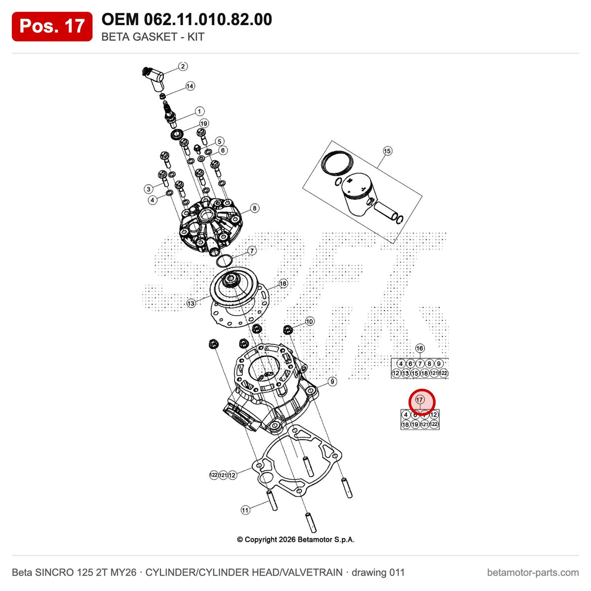 BETA GASKET - KIT – OEM 062.11.010.82.00, position 17 on the Beta SINCRO 125 2T MY26 cylinder/cylinder head/valvetrain drawing