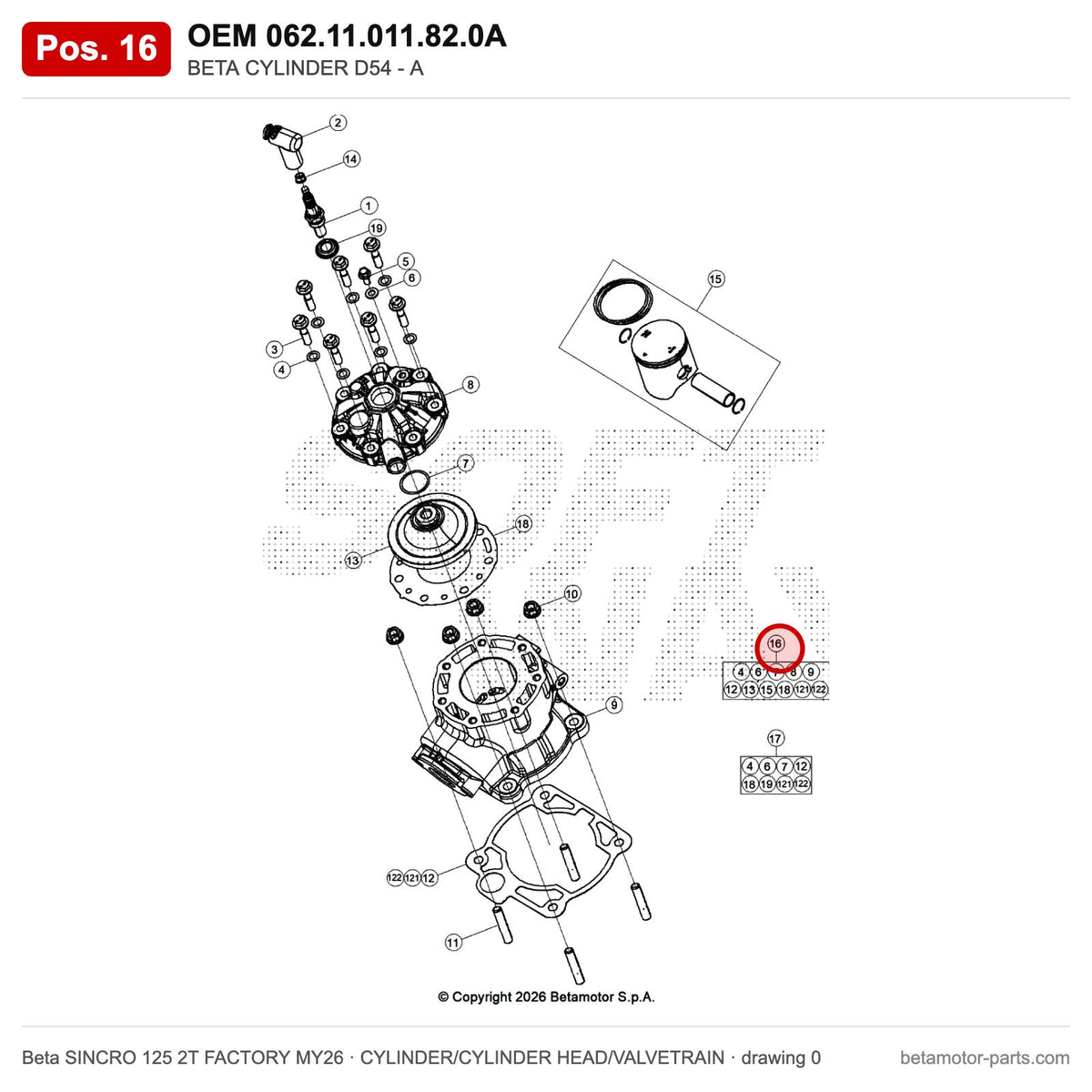 BETA CYLINDER D54 - A – OEM 062.11.011.82.0A, position 16 on the Beta SINCRO 125 2T FACTORY MY26 cylinder/cylinder head/valvetrain drawing