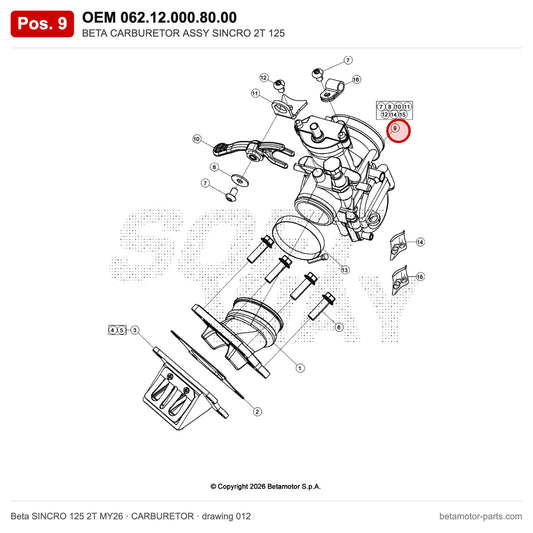 BETA CARBURETOR ASSY SINCRO 2T 125 – OEM 062.12.000.80.00, position 9 on the Beta SINCRO 125 2T MY26 carburetor drawing