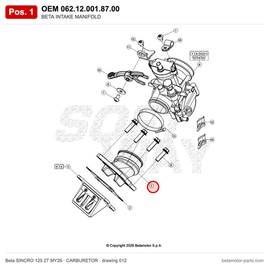 BETA INTAKE MANIFOLD – OEM 062.12.001.87.00, position 1 on the Beta SINCRO 125 2T MY26 carburetor drawing