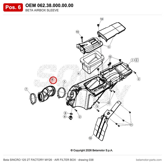 BETA AIRBOX SLEEVE – OEM 062.38.000.00.00, position 6 on the Beta SINCRO 125 2T FACTORY MY26 air filter box drawing