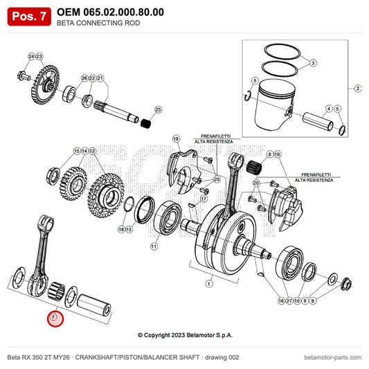 BETA CONNECTING ROD – OEM 065.02.000.80.00, position 7 on the Beta RX 350 2T MY26 crankshaft/piston/balancer shaft drawing